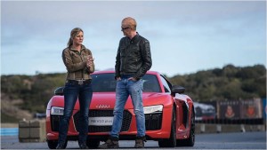 Sabine Schmitz and Chris Evans with an Audi R8 V10